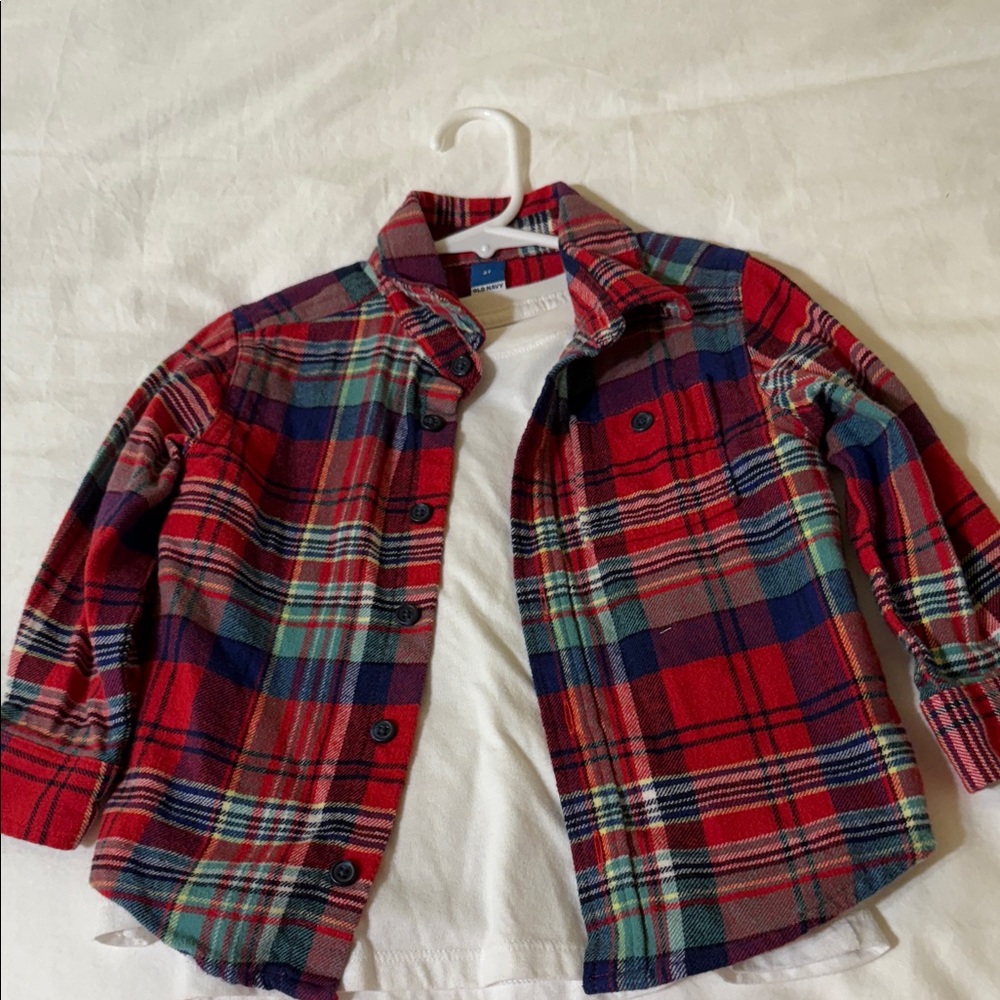 Old Navy flannel shirt over Cat & Jack long sleeve shirt